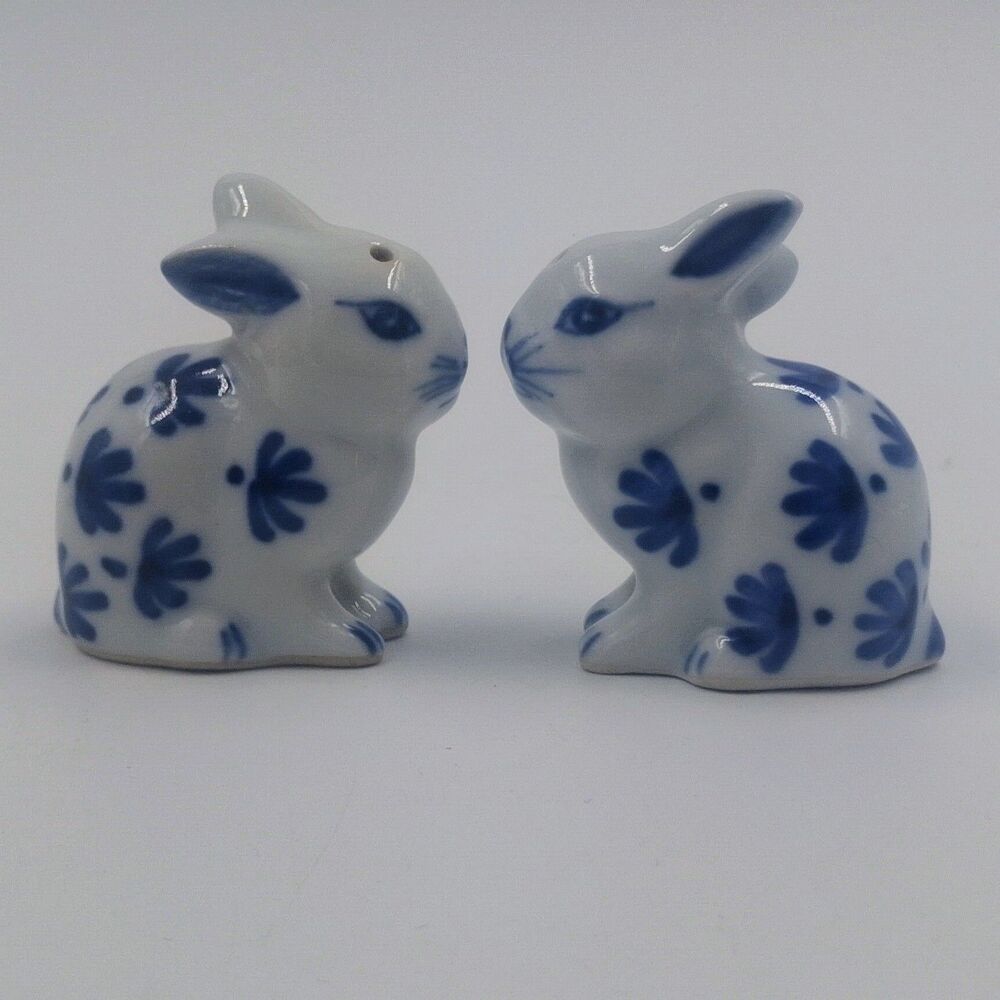 Bunny Rabbit Salt And Pepper Blue and White Floral Hand Painted Made In Thailand